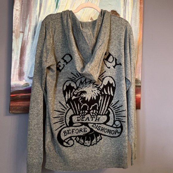 ED HARDY L Hooded Wool Blend Zip Knit Sweater Cardigan DEATH BEFORE DISH… - Picture 3 of 10